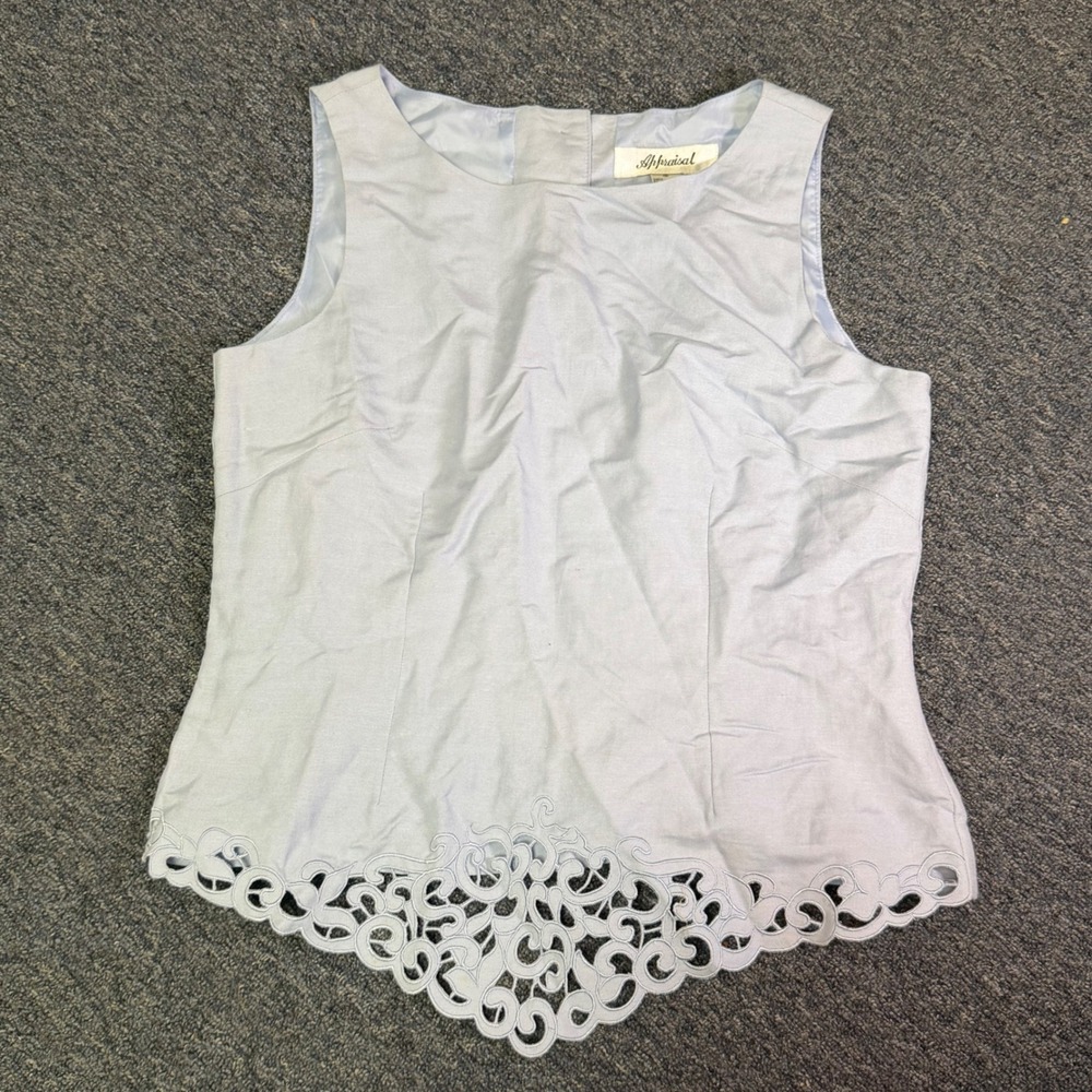 Appraisal Light‎ Blue Ramie Rayon Sleeveless Button Back Top Scroll Cutout Hem